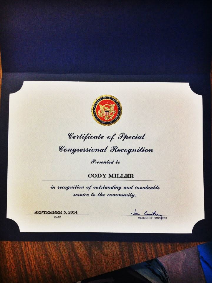 Certificate of Special Congressional Recognition