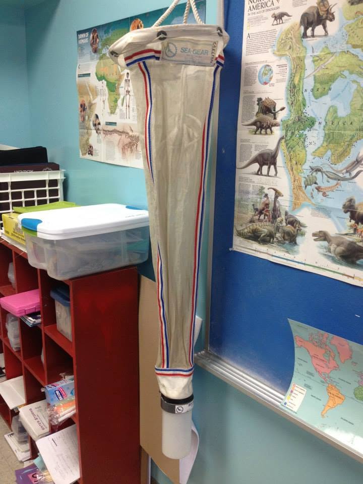 Plankton tow net hanging in the classroom