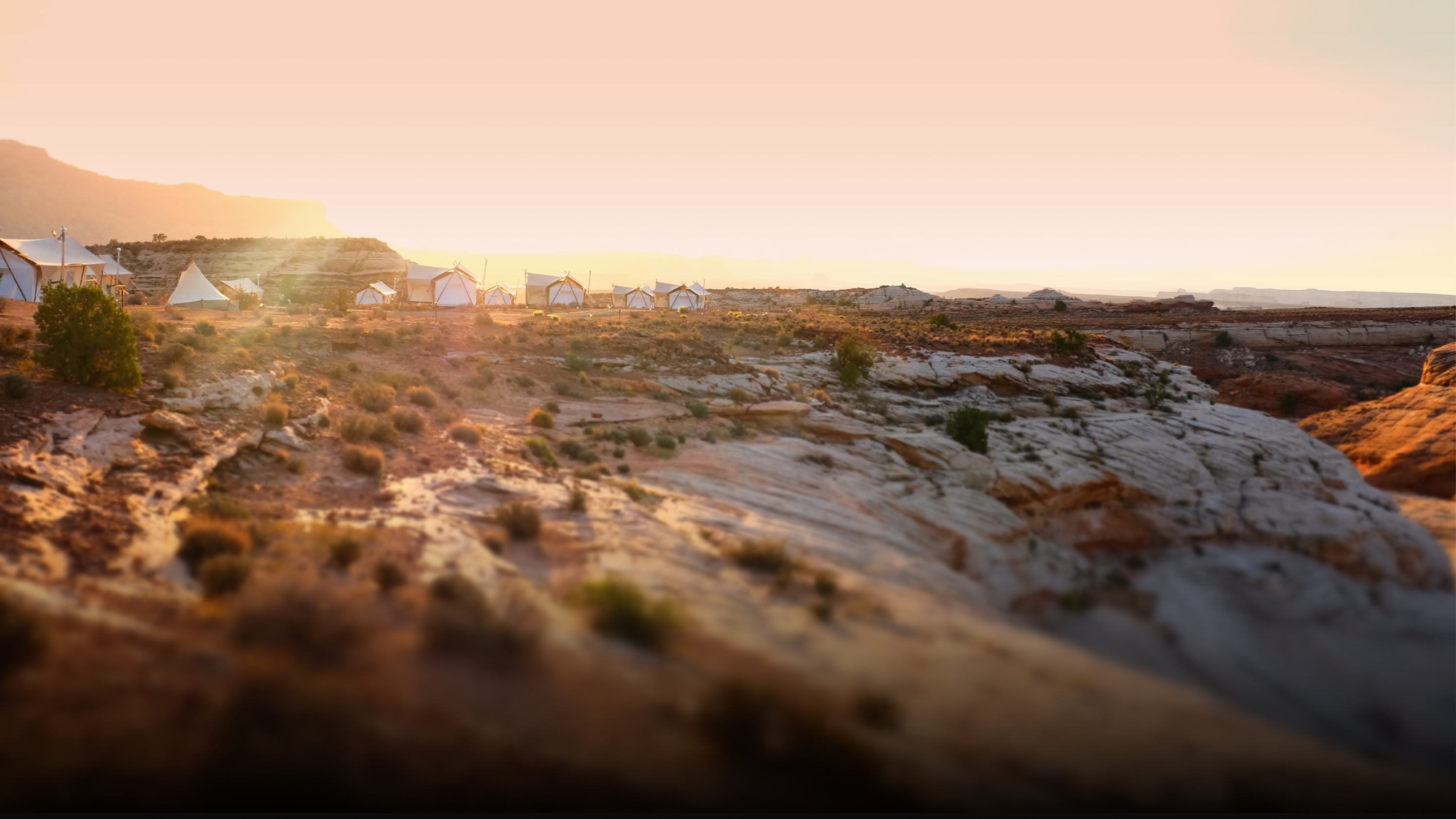 Desert tent encampment at sunset