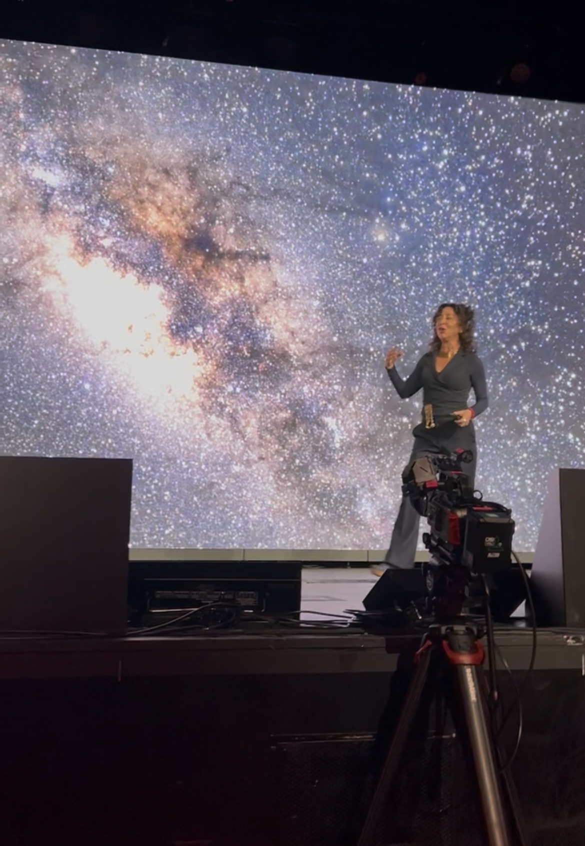 Speaker on stage, Milky Way projected behind